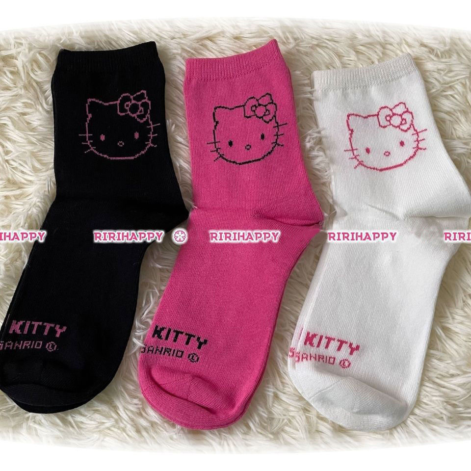 Ririhappy Tricolor Cotton hellokitty Socks ถุงเท้าการ์ตูนกลางหลอด