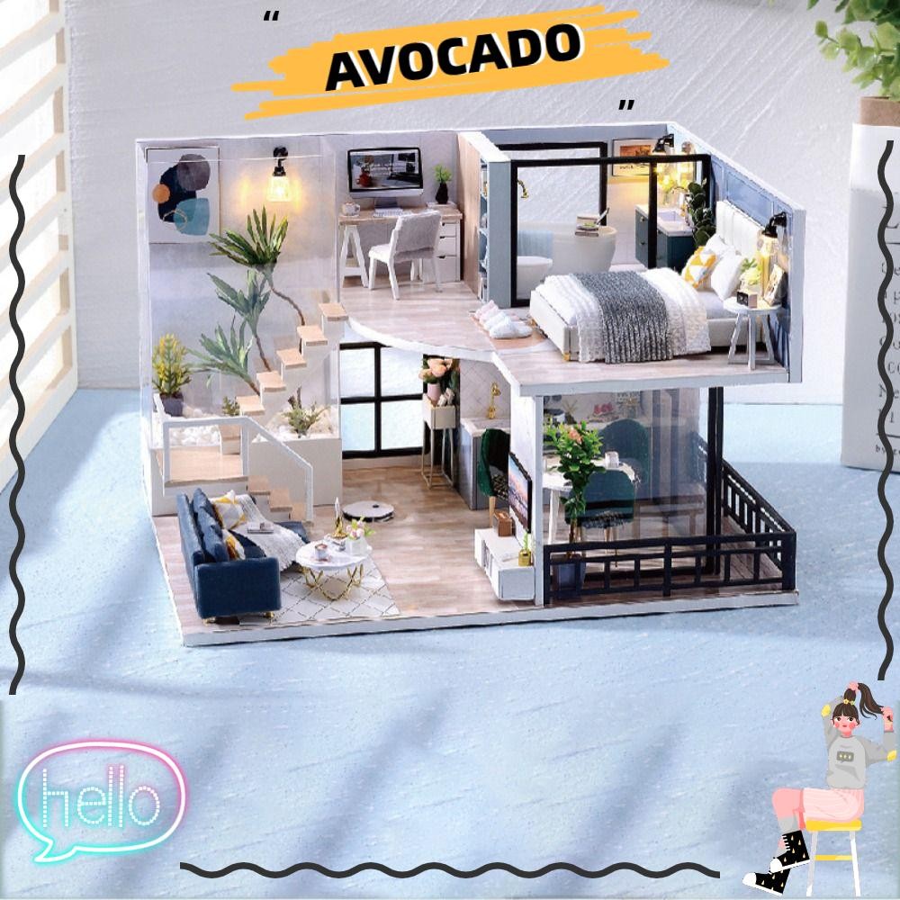 โมเดลบ้านตุ๊กตาขนาดเล็ก AVOCAR, ชุดบ้านตุ๊กตาไม้ของเล่นทํามือ, อาคารบ้านวิลล่า Cozy ห้องใต้หลังคาอินเทรนด์พร้อมเฟอร์นิเจอร์