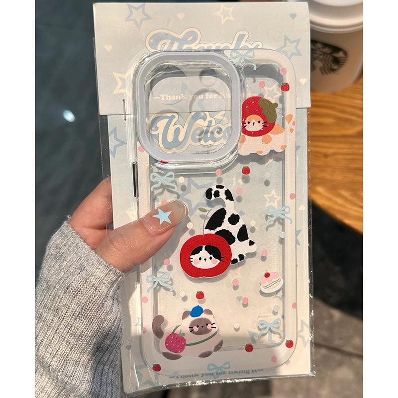 Ins Polka Dot Apple Cat Soft โปร่งใสกรณี Attern Anti-Fall เคสโทรศัพท์สําหรับ iPhone 16 Promax 15 Promax 12 13 Mini 14plus 11 Pro Max X XS XR XS Max 7 8 plus Se2020 6G 6Plus