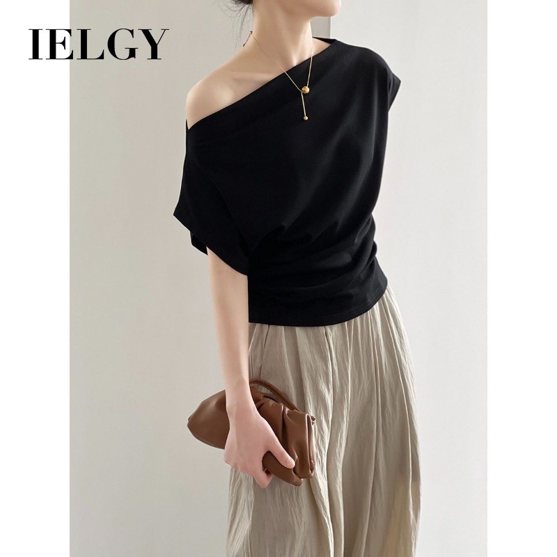 IELGY เสื้อยืดเก็บเอวดีไซน์เปิดไหล่สําหรับผู้หญิง