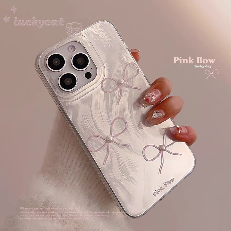iphone 15 14 13 12 11 Pro Max X Xr Xs Max 7 8 Plus SE2020 เคสโทรศัพท์สดหวานสามสีชมพูผูกโบว์มุกฝาครอบโทรศัพท์นุ่ม
