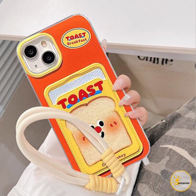 เคสแบบนุ่มพร้อมสายคล้องสำหรับใส่บัตรขนมปังปิ้งสุดน่ารัก IPhone 15 11 14 12 13 Pro Max 7Plus XR X 14 15 12 Pro XS Max SE