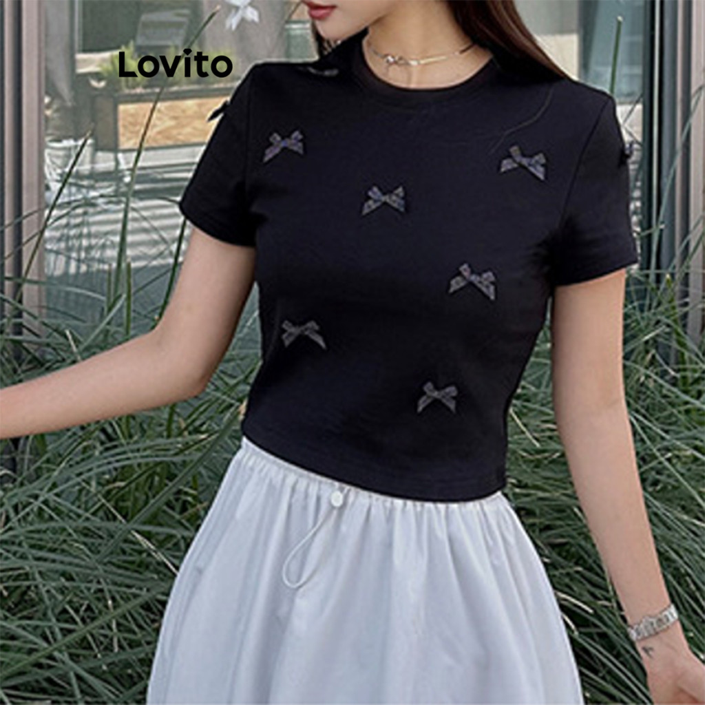 Lovito เสื้อยืดโบว์ธรรมดาสำหรับผู้หญิง LNM73218