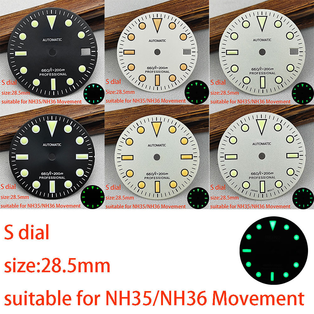 PZJ 28.5 มม.NH35 Dial Retro Dial S Dial สีเขียว Luminated Dial เหมาะสําหรับ NH35 NH36 นาฬิกาอุปกรณ์เ