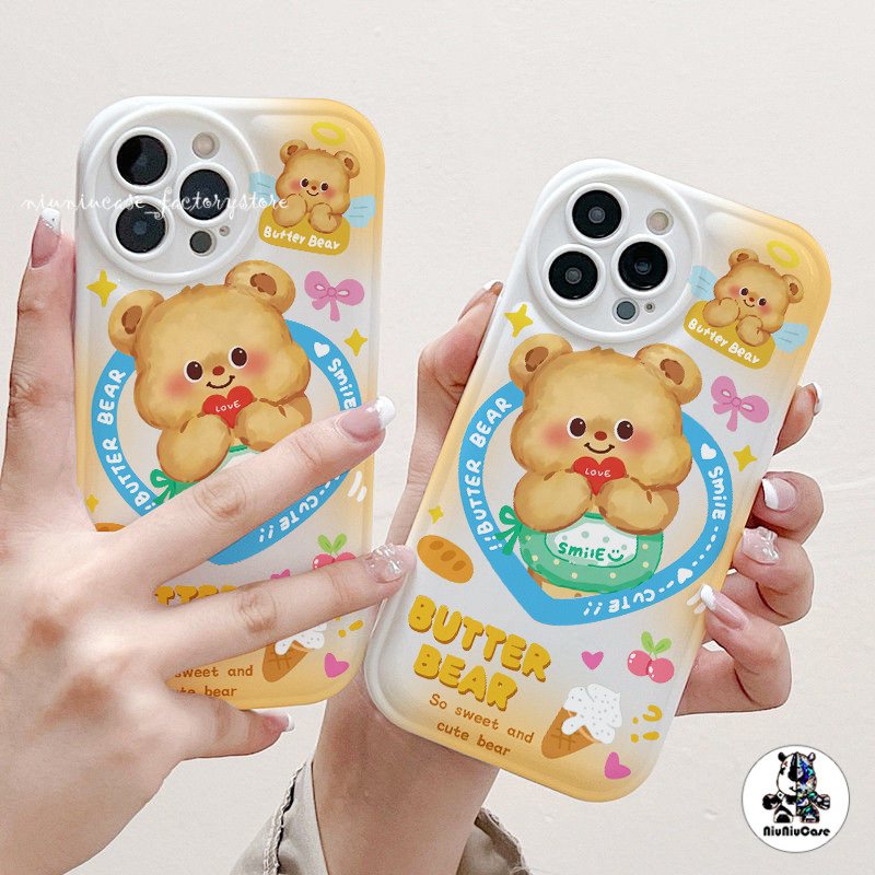 เคสไอโฟนสวยๆ ซิลิโคนนุ่ม สําหรับ iPhone 7 8 11 12 13 14 Pro Max X XR XS Max Plus เคสโทรศัพท์มือถือ Yellow Bear Pattern