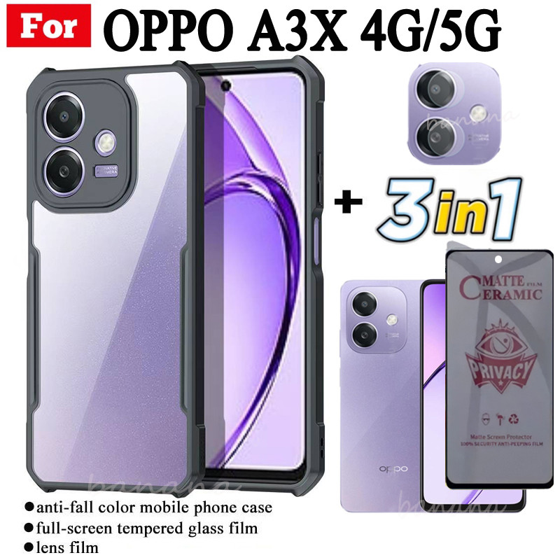 3 in 1 OPPO A3X 4G 5G เคสโทรศัพท์กันกระแทกสําหรับOPPO A3 A3 Pro Anti Spyนุ่มเซรามิคMatteความเป็นส่วนตัวกระจกนิรภัย