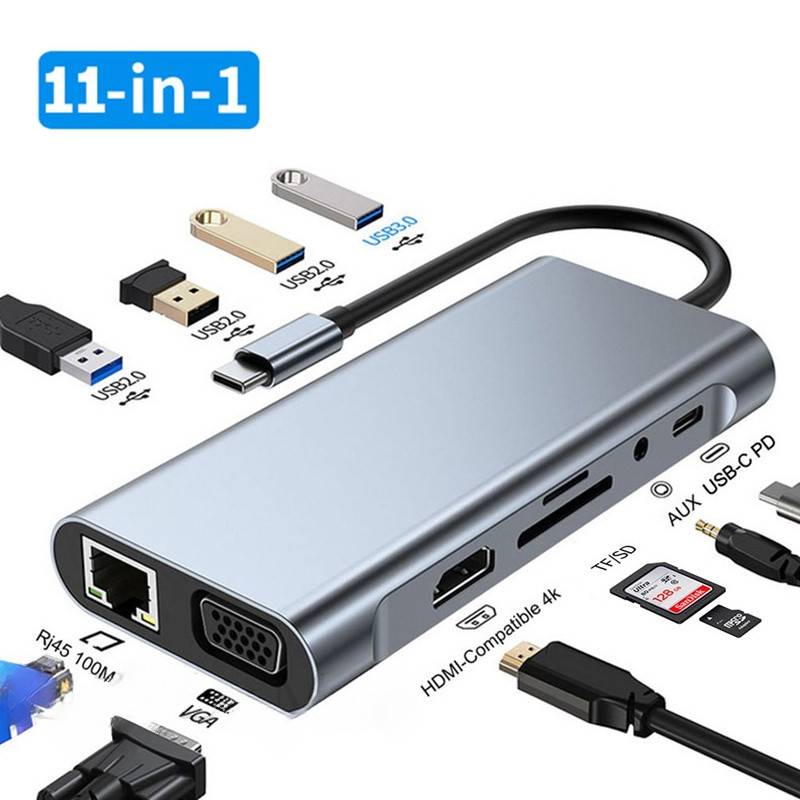 11-in-1 USB c HUB ประเภท c ถึงอะแดปเตอร์ HDMI 4K Full HD type-c ถึง VGA RJ45 Ethernet USB 3.0 AUX 3.5 มม.Micro SD TF Card Reader 87W PD ชาร์จหลายพอร์ต HUB ประเภท c docking station