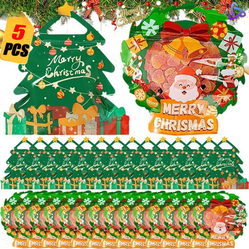 5 ชิ้นน่ารักคลาสสิกสีเขียวต้นคริสต์มาสรูปถุงขนม-หลายรูปแบบที่มีอยู่ Xmas Party เด็กของขวัญเล็กๆบรรจุภัณฑ์ถุง