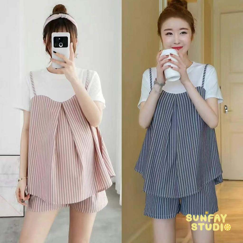 เสื้อผ้าคุณแม่ตั้งครรภ์ ใหม่ล่าสุด ชุดลายทางกางเกงท้อง