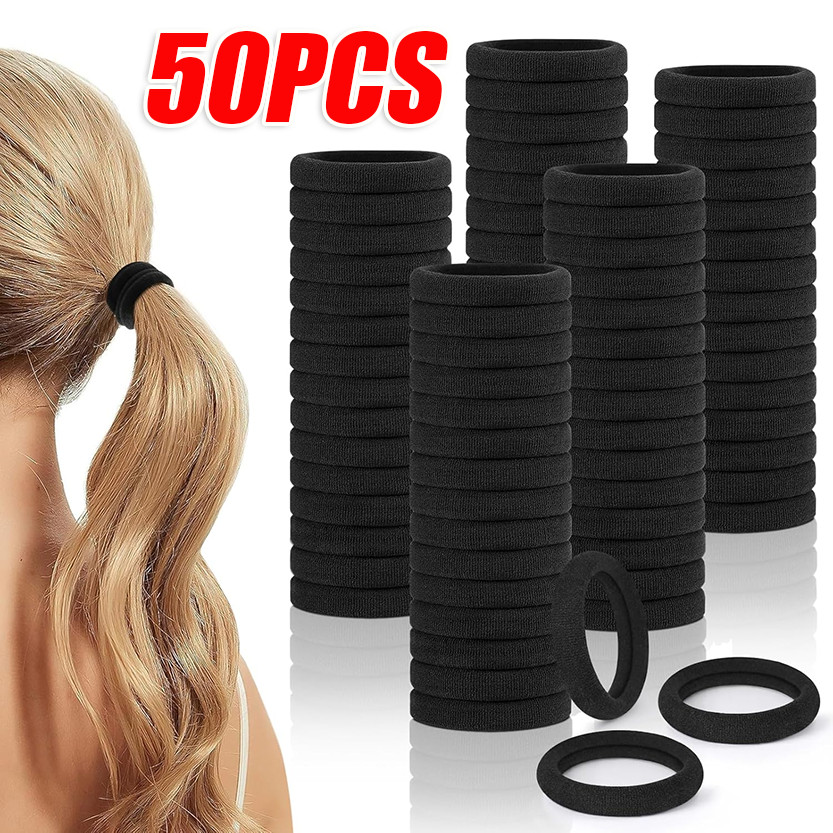 50ชิ้น/เซ็ตที่เรียบง่ายสีดําพื้นฐานวงผม/ยืดหยุ่นสูงที่ไร้รอยต่อผูกผมเชือก/แข็งแรงบริษัทผม ส กรุบกรอบ ผู้ถือผมหางม้า