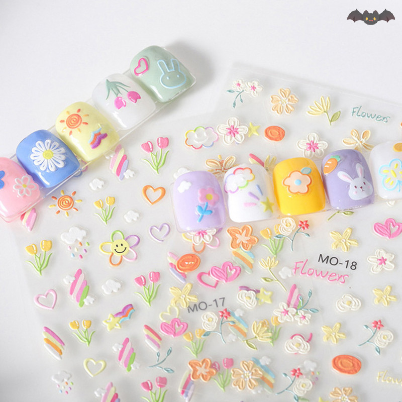 [PE] 5d ดอกไม้การ์ตูนสติกเกอร์เล็บ Self-Adhesive Diy น่ารัก 5d บรรเทาดอกไม้กระต่ายรูปแบบเล็บ Slider สติกเกอร์ตกแต่ง TH