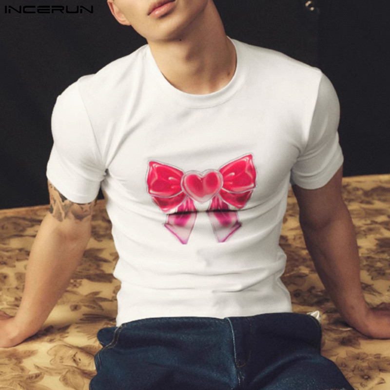ไม่แน่นอน เสื้อยืดแขนสั้นคอกลมพิมพ์ลายปมลําลองสําหรับบุรุษเกาหลี