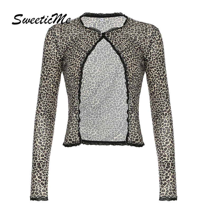 Sweeticme ผู้หญิง 2024 ใหม่แฟชั่นเซ็กซี่เสือดาวพิมพ์ Slim Fit Retro All Match ตาข่าย Tops