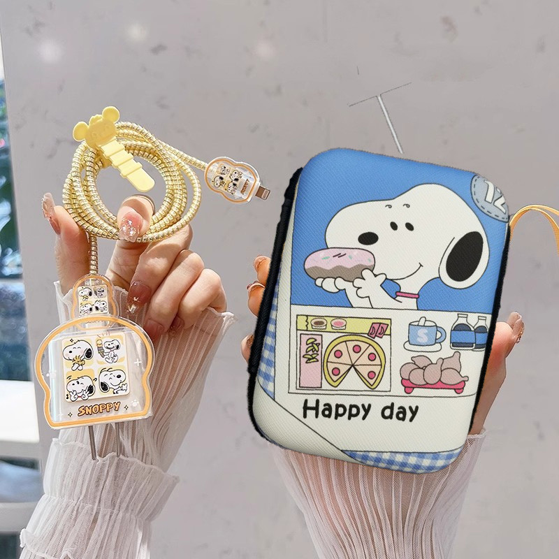 น่ารัก Snoopy ป้องกันสายสําหรับ 18W 20W สําหรับ iPhone 15 14 13 12 11 Pro Max สายชาร์จข้อมูล TPU สายเกลียว Charger ข้อมูลพร้อมกระเป๋าเก็บ