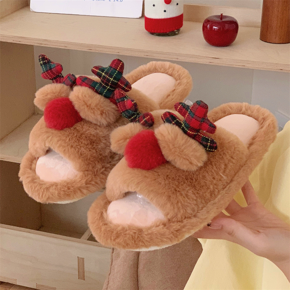 Xixtiao ปีใหม่คริสต์มาส Elk Furry รองเท้าแตะผู้ชายผู้หญิงบ้านในร่มลื่นรองเท้าแตะผ้าฝ้ายน่ารักคู่