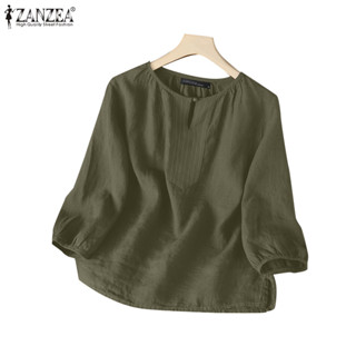 ZANZEA ใส่ ซานเซีย ผู้หญิงเกาหลีสบายๆ โอ-คอสามในสี่แขนจีบแยก…