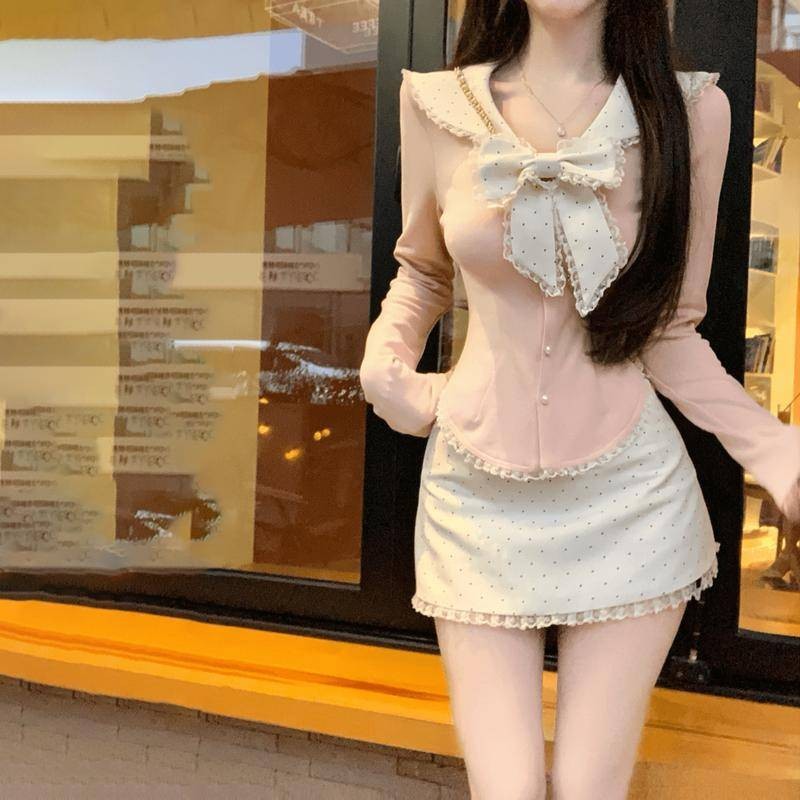 Xyzkuli Pure Desire สไตล์หวานชุดฤดูใบไม้ร่วง Slim-fit Slimmer ดูการออกแบบ Bow Top + กระโปรงสองชิ้นหญิง