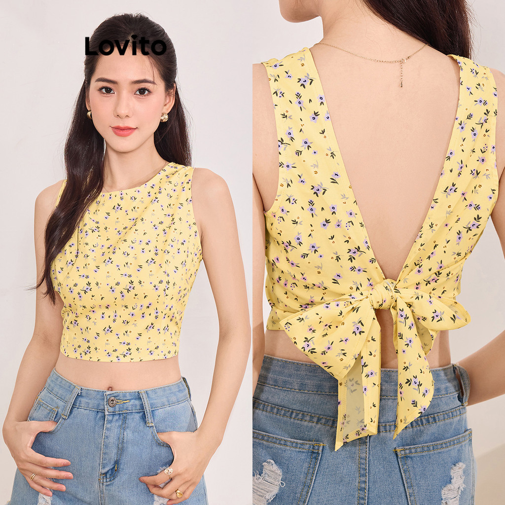 Lovito เสื้อกล้ามลายดอกไม้ ดิทซี่ แบบสบาย ๆ ด้านหลังสำหรับผู้หญิง L99ED127