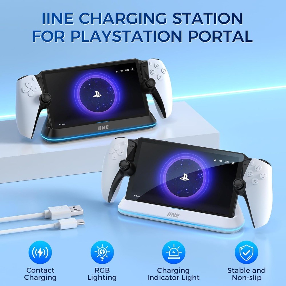 Iine Fast Charging Dock Station สําหรับ PlayStation Portal, แท่นชาร์จสําหรับ PS Portal พร้อมไฟ RGB และสายชาร์จ Type C แม่เหล็ก, ที่วางฐานชาร์จสําหรับ PS5 Portal Console