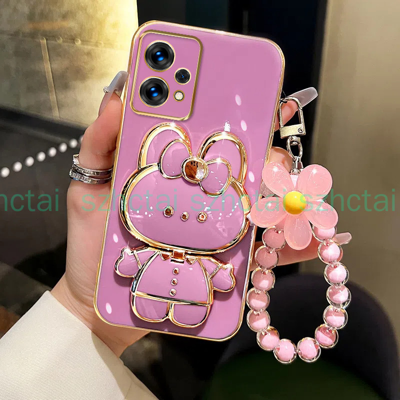 เคส Realme 9 Pro Realme 9 4G Realme 9 Pro Plus เคสโทรศัพท์ TPU 3D กระต่ายเครื่องสําอางกระจกแต่งหน้าขาตั้ง บางเฉียบ ชุบ กรณีอ่อนนุ่ม กรณีป้องกันการกระแทก พร้อมสร้อยข้อมือ