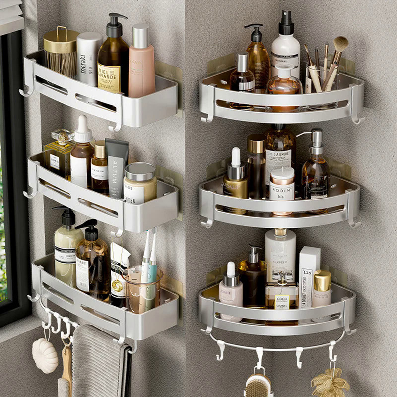 Shower Corner Shelf Bathroom Storage Shelves No Drilling  Space Aluminum Adhesive Shelf On The Wall 