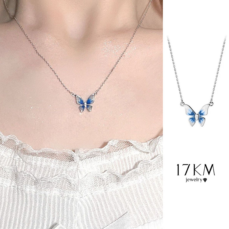 17กม ง่ายไล่โทนสีสร้อยคอผีเสื้อสีฟ้าสําหรับผู้หญิงคริสตัลโซ่เงินเค้นคอเครื่องประดับอุปกรณ์เสริม