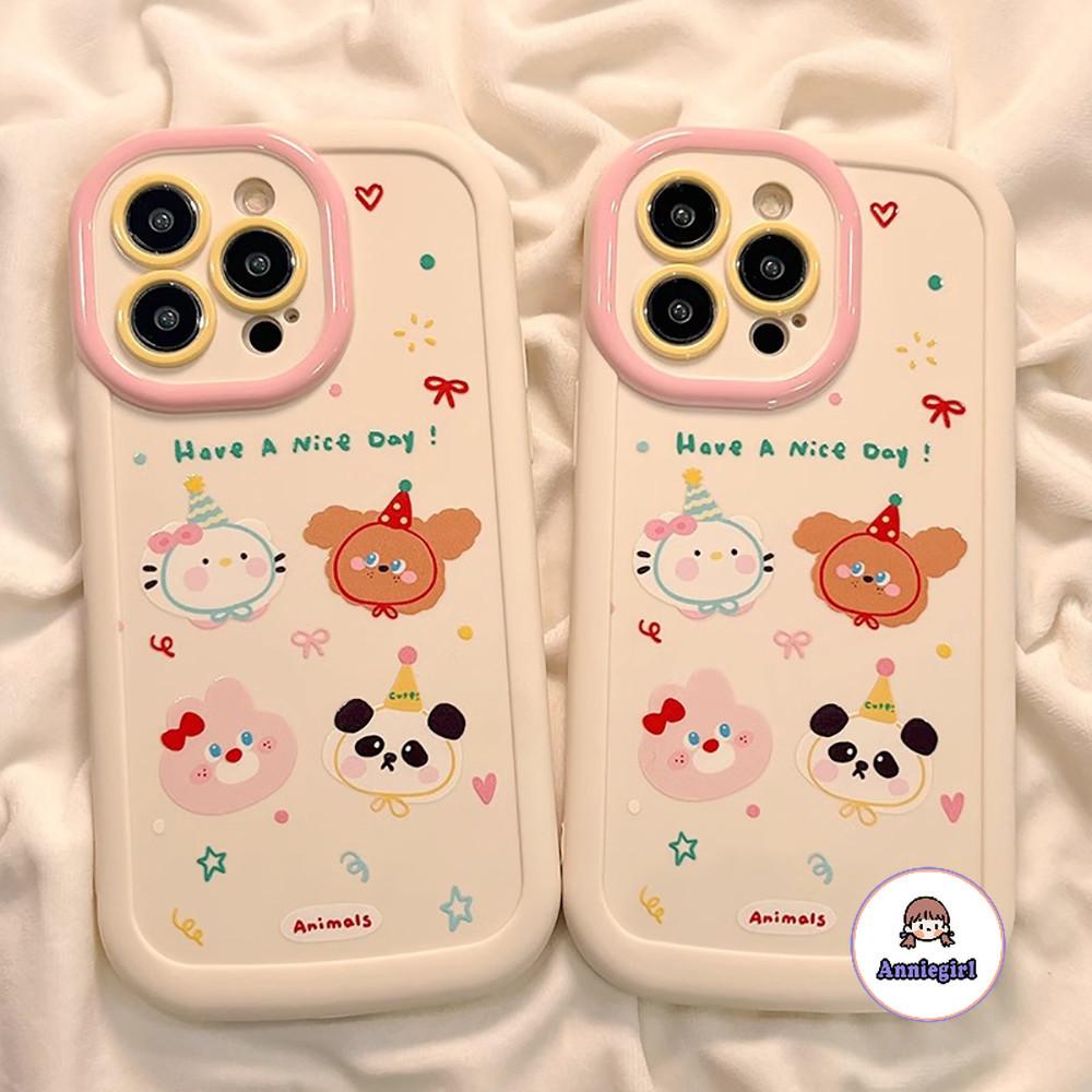 เกาหลีการ์ตูนสัตว์เคสโทรศัพท์สําหรับ IPhone 11 14 15 Pro MAX 15 Plus 12 13 Promax XS MAX XR 8 7 Plus เลนส์ป้องกันกันกระแทก Soft TPU โทรศัพท์ปกหลัง