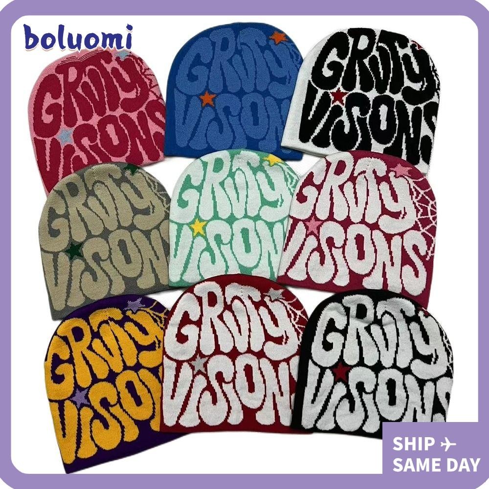 Bolumiy Beanie Bonnet, ขนสัตว์อบอุ่นอะคริลิคถักหมวก, แฟชั่น Ins Y2k พิมพ์ตัวอักษร Hip Hop หมวกผู้ชายผู้หญิง