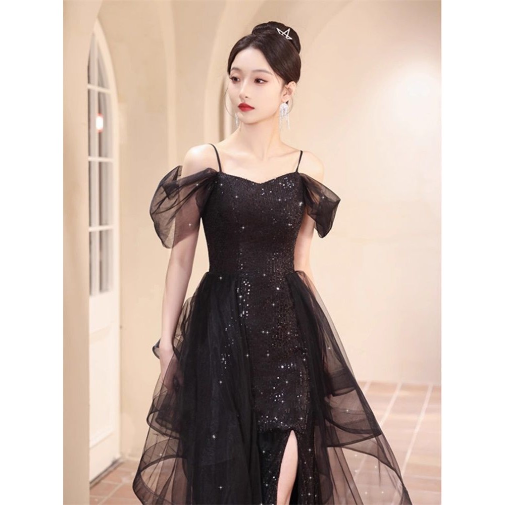 ชุดราตรีสีดํา High-End วันเกิดจัดเลี้ยงอารมณ์นักเรียน Art Exam Performance ของขวัญผู้ใหญ่ Niche Bright ประกายชุด lf10.14 - รูปที่ 2