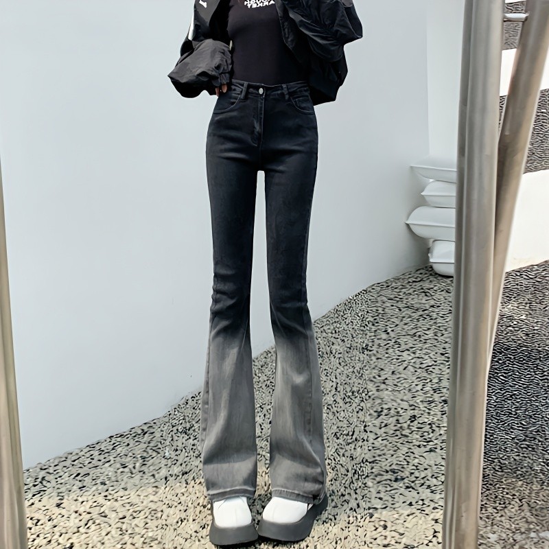 กางเกงยีนส์ยืดไมโครไล่โทนสีผู้หญิงเอวสูงผอมกางเกงขาบานขากว้าง