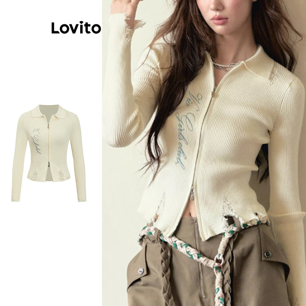 Lovito เสื้อคาร์ดิแกนกระเป๋าหน้าผูกโบว์ธรรมดาน่ารักสำหรับผู้หญิง L102AD401