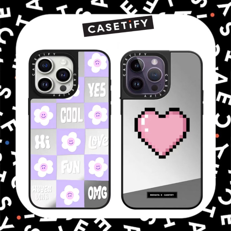 【Mirror Case】casetify Simple Pink Love Flower Pattern เคสกันกระแทกสําหรับ iPhone 16ProMax 16Pro 16 14 13 12 15 Pro Max เคสโทรศัพท์