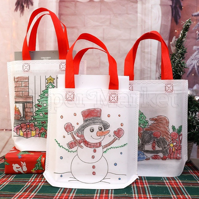 [ ที่โดดเด่น ] กระเป๋าถือผ้าไม่ทอคริสต์มาส - กระเป๋าห่อของขวัญ - กระเป๋าโท้ตพิมพ์คริสต์มาส - ถุงเก็บรายการการ์ตูน