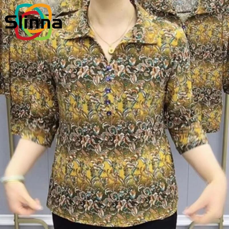 แขนสั้นผู้หญิง ใหม่แฟชั่นลําลองคอปกเสื้อยืดหลวมและหลากหลายเสื้อดอกไม้สไตล์อินเทรนด์ สูงสุด