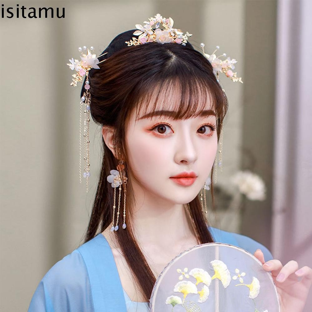 Isitaft Headwear ชุดกิ๊บติดผมเครื่องประดับผมพู่จีนดอกไม้หวีผมแฟชั่นยาว