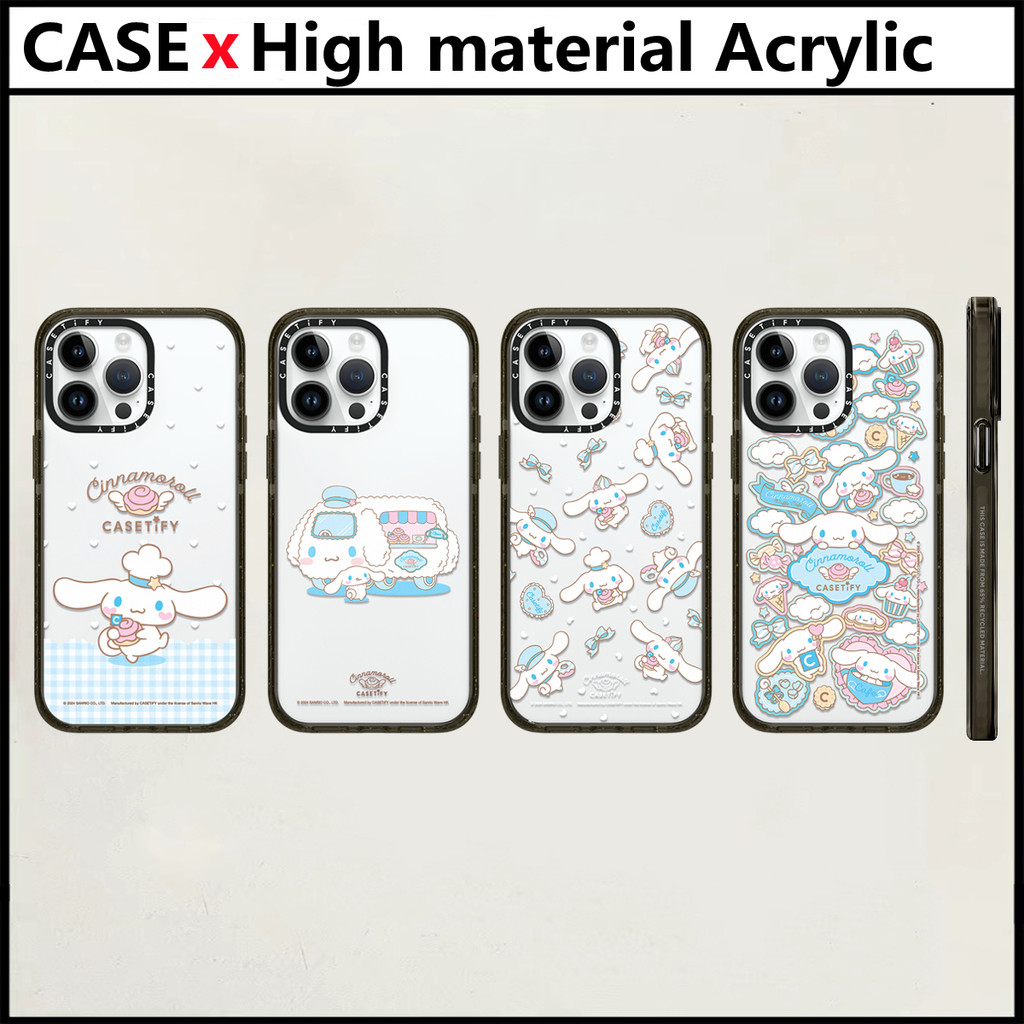 Casetify Cinnamoroll น่ารัก Cafe สติกเกอร์ iPhone สําหรับ 11 12 13 14 15 16 Pro Max 16 Plus อะคริลิคพลาสติก TPU ตัวอักษรด้านข้างกันกระแทกฝาครอบโทรศัพท์กลับ INS สไตล์ปลอก