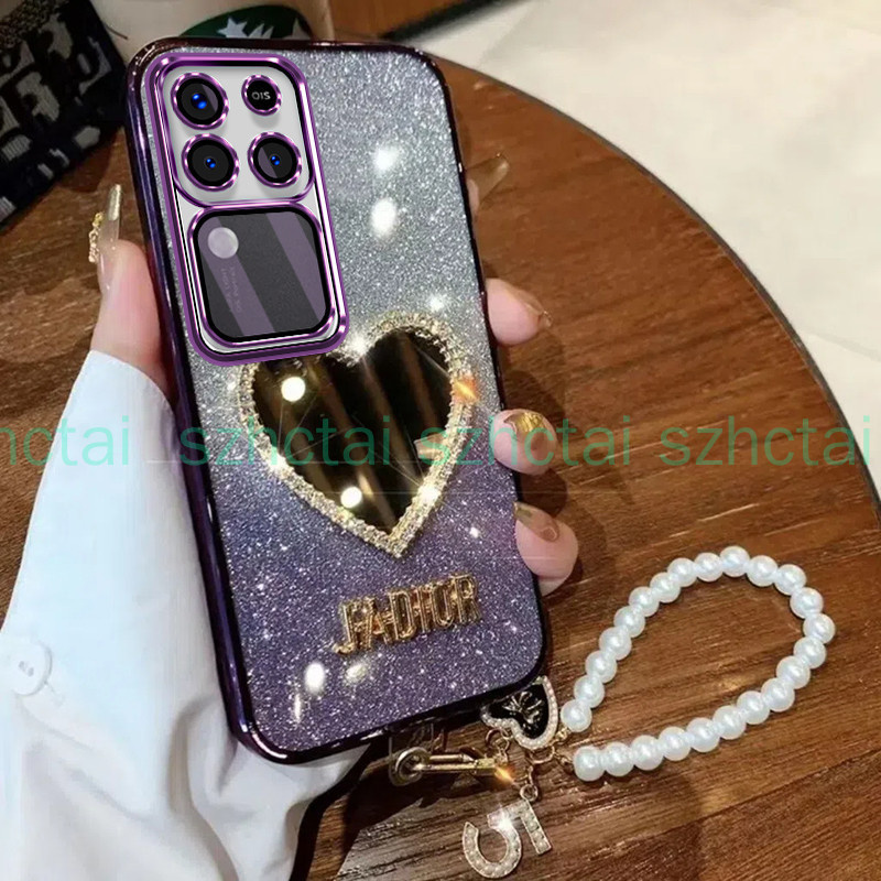 เคส Vivo V30 5G V29 5G V29E V27 5G V27E V25 V25E V30 Pro 5G หรูหรา ชุบ แวววาว เกราะป้องกัน เปลือกอ่อน พร้อมเครื่องสําอางแต่งหน้า กระจกแห่งความรัก สร้อยข้อมือ เชือกเส้นเล็ก