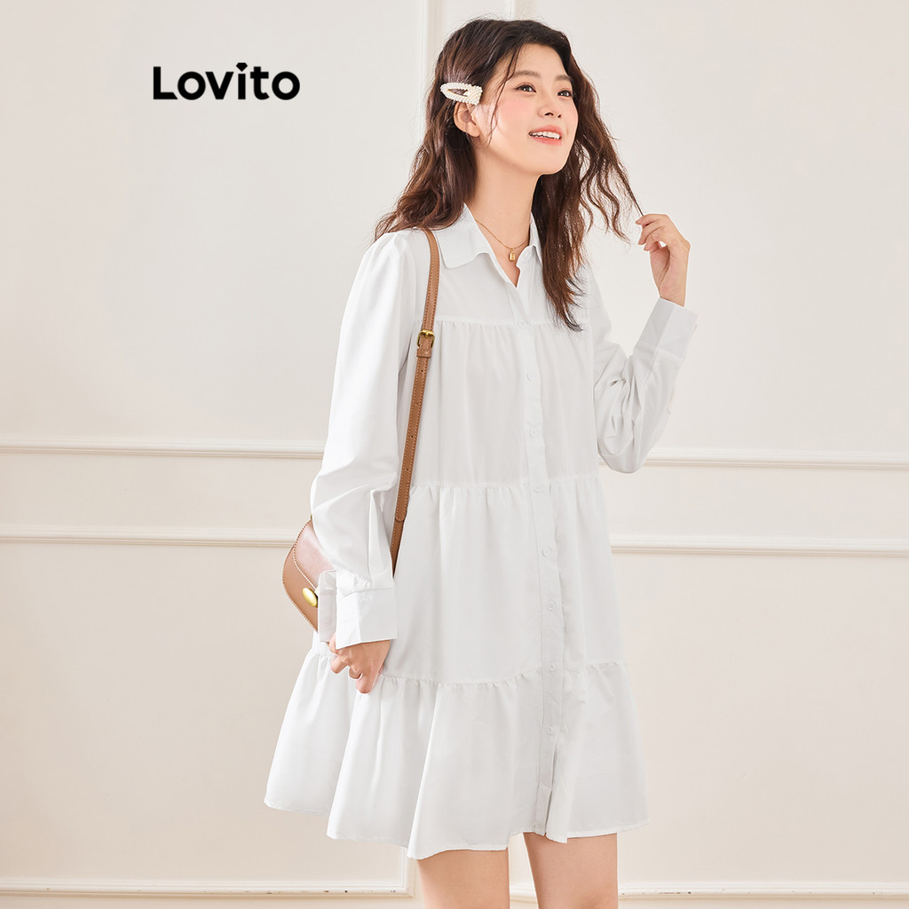 Lovito ชุดเดรสคู่หน้าแบบเรียบหรูธรรมดาปุ่ม Tered Layer สำหรับผู้หญิง L106AD316