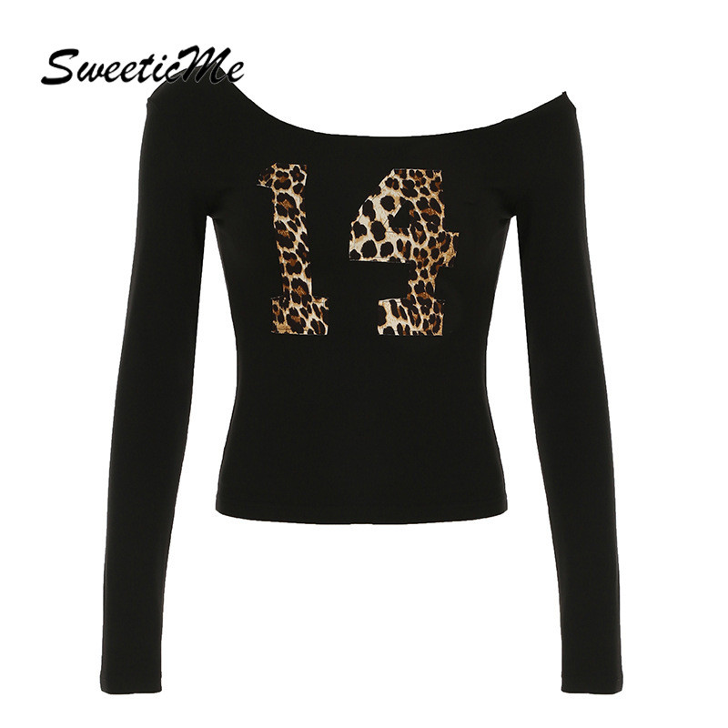 Sweeticme เสื้อสตรี 2024 ใหม่แฟชั่นจํานวนพิมพ์ Slim Fit แขนยาวไม่สมมาตรเสื้อยืด