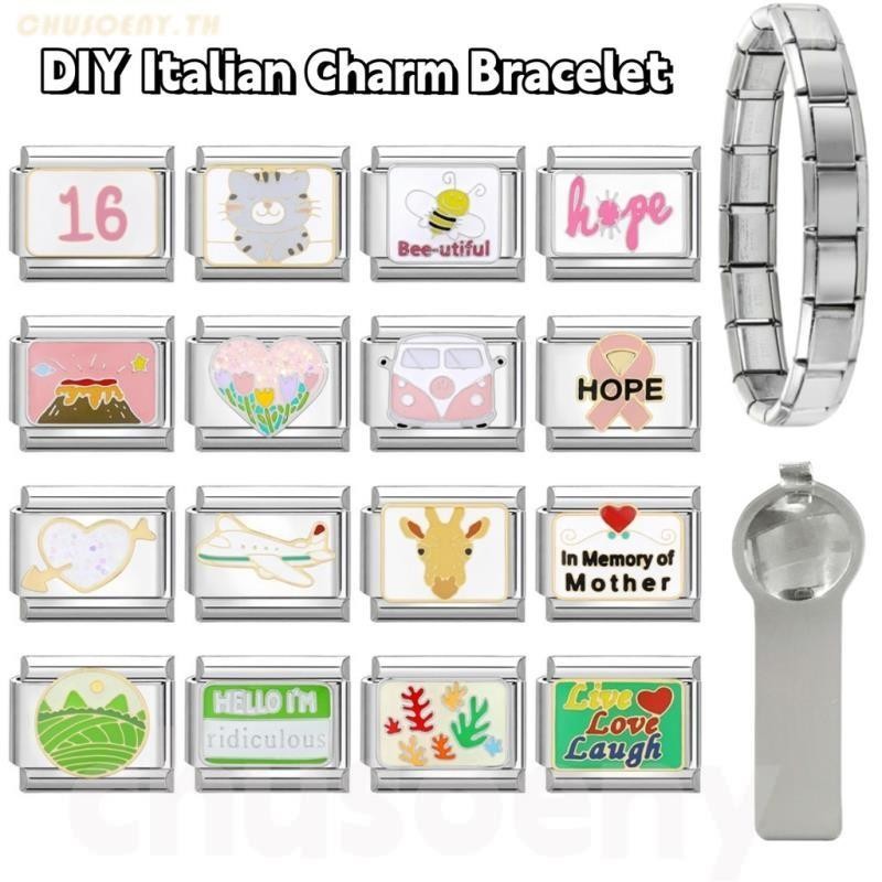 ยอดนิยมรักสีชมพูการ์ตูนแมวอิตาเลี่ยน Charm Links Fit 9 มม.สร้อยข้อมือสแตนเลสทําเครื่องประดับ