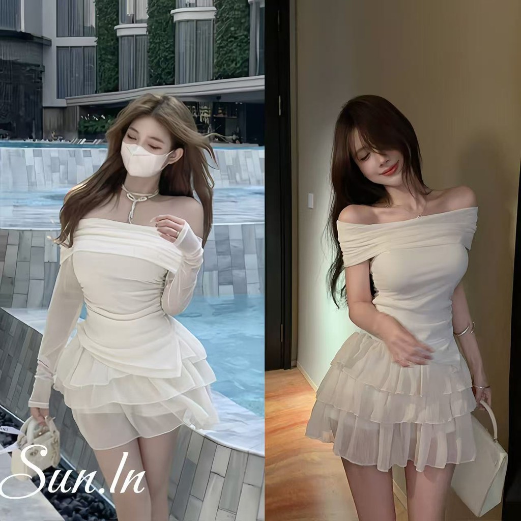 SUN พร้อมส่ง เสื้อแอปริคอทตาข่ายไหล่เดียวกระโปรงเค้กปุยนางฟ้าสุด ๆ เซ็ต 2 ชิ้นตัณหาบริสุทธิ์ชุดเซ็กซี่และสวยงาม