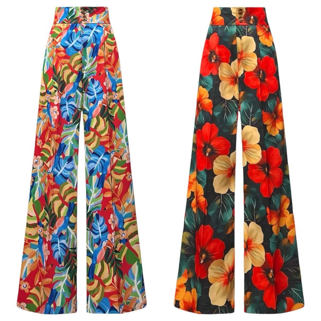 กางเกงขายาว สำหรับผู้หญิง เอวสูง ทรงกระบอก  ลายกราฟฟิกดอกไม้ IR081