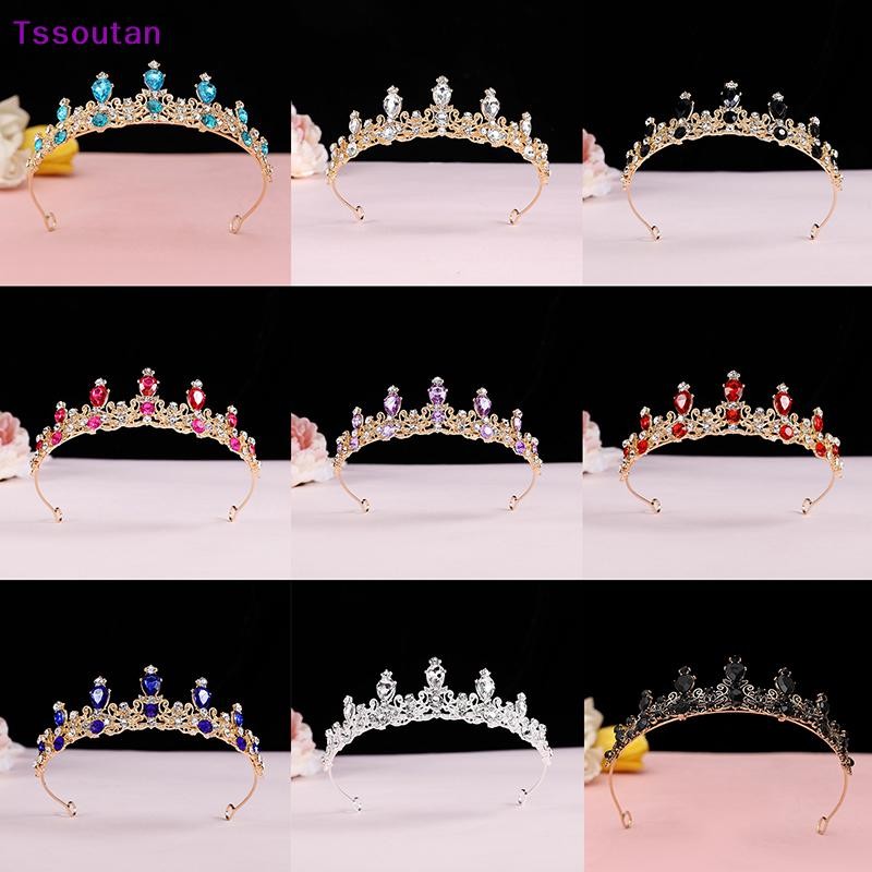 [TSST] Elegant สีสันคริสตัล Tiara Crown ผู้หญิงงานแต่งงานเจ้าหญิง Rhinestone เจ้าสาวมงกุฎเครื่องประดับผม TAN