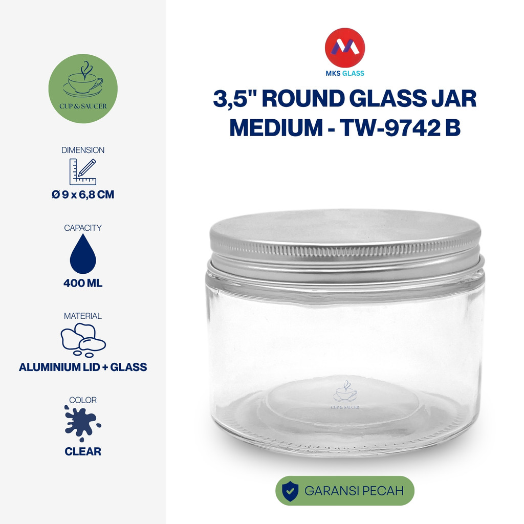 MKS ขวดแก้วกลมฝาอลูมิเนียมขนาด M Airtight 9 x 9 x 6.8 ซม. ความจุ 400 มล. แก้วกลมใสคุกกี้ Jar ฝาเหล็ก