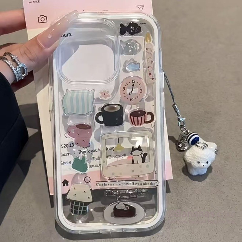 เข้ากันได้กับ iPhone 16 15 14 13 12 11 Pro Max เคสโทรศัพท์ 3D DIY น่ารัก Lazy TV Cat สติกเกอร์ + Lan