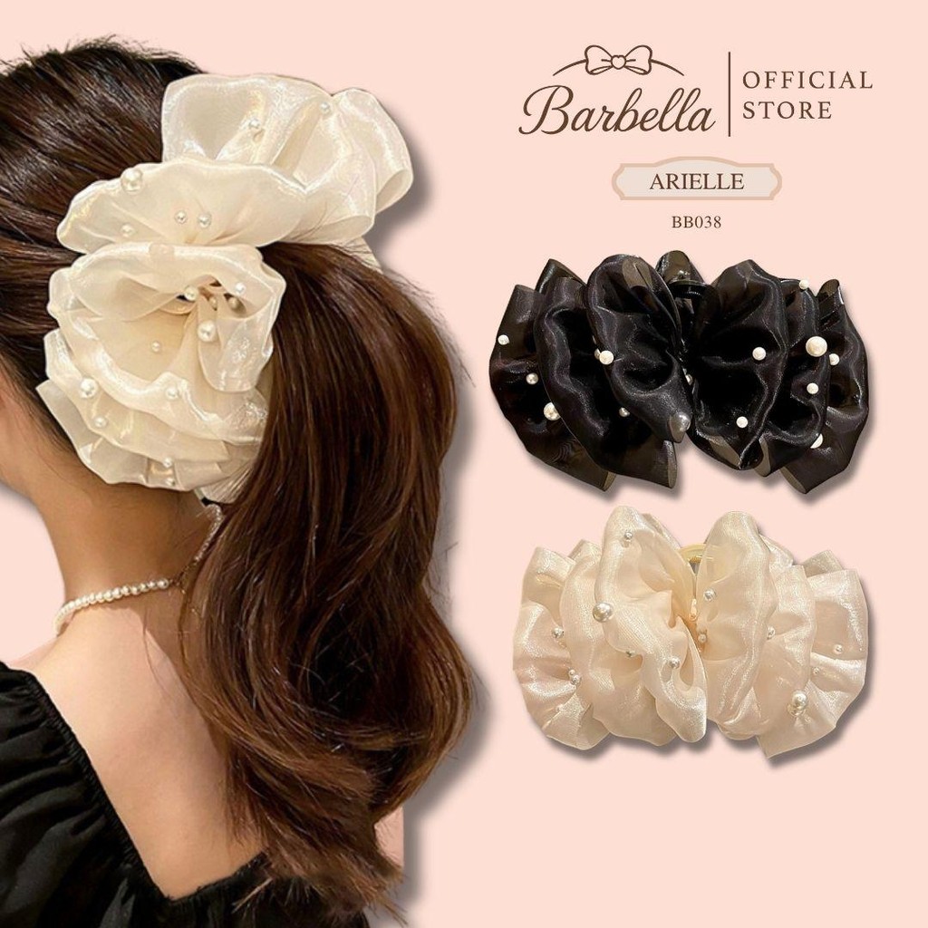 Barbella กิ๊บโบว์ผ้าชีฟองทรงฟู ประดับไข่มุก เรียบหรูคลาสสิก รุ่น Arielle (BB038)