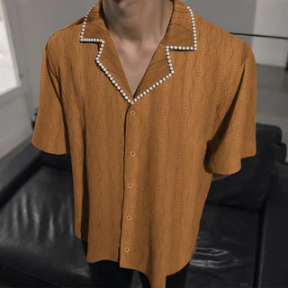 เสื้อเชิ้ตไข่มุกดีไซน์ลำลองสี solids สําหรับผู้ชาย