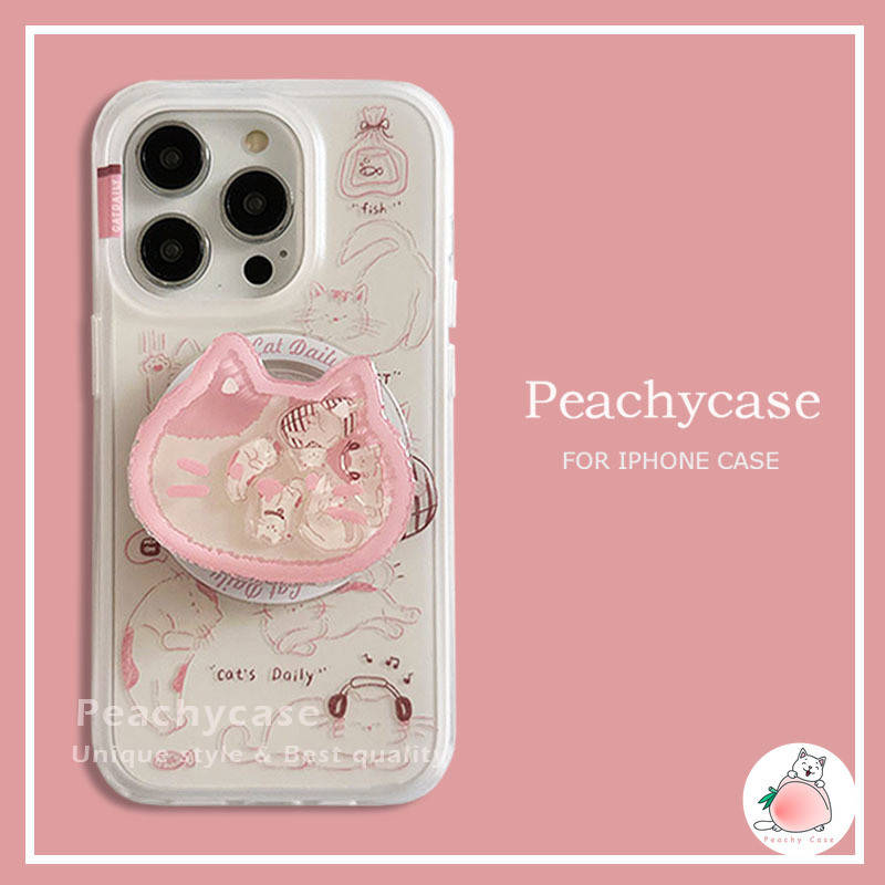 Kawaii เส้น Cat Slider Kickstand ไร้สายชาร์จเคสโทรศัพท์สําหรับ iPhone 16 15 14 13 Pro Max 16pro กันกระแทก TPU 2 in 1 ที่ถอดออกได้มือถือปกหลัง