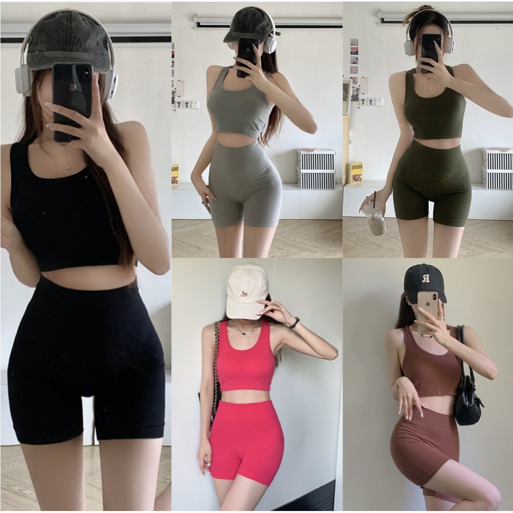 EElla ชุดเซตกีฬา มีฟองน้ำ สีพื้น แขนกุด เข้ารูป ออกกําลังกายขา เสื้อผ้าโยคะ สไตล์ลำลอง ส่งไวจากไทย#FY8808