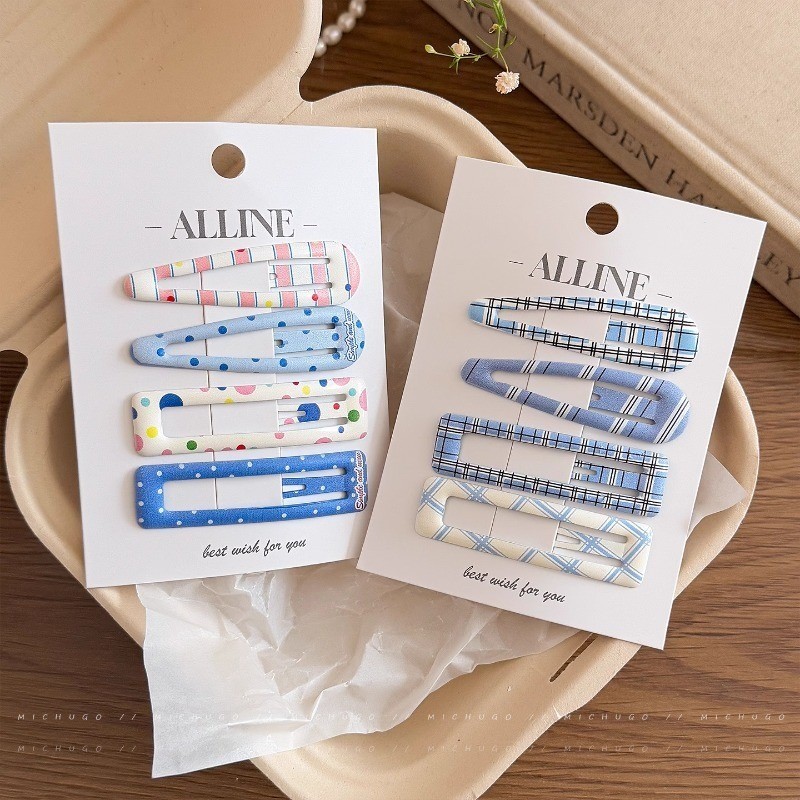 Blue Series Spot Lattice BB Hairpin 4 ชิ้น/ล็อต คลิปด้านข้างสำหรับผมหน้าม้า